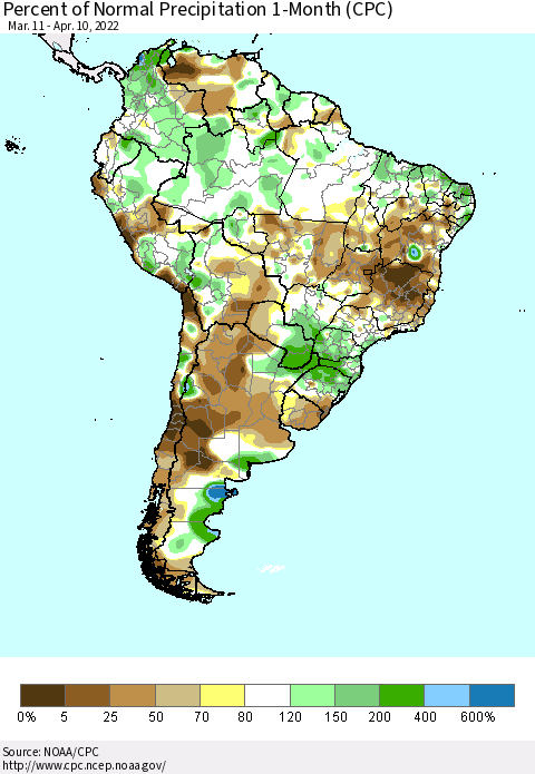 South America Percent of Normal Precipitation 1-Month (CPC) Thematic Map For 3/11/2022 - 4/10/2022