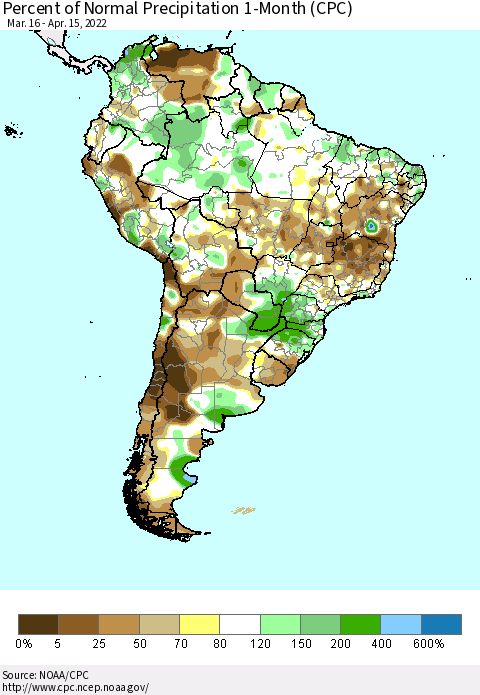 South America Percent of Normal Precipitation 1-Month (CPC) Thematic Map For 3/16/2022 - 4/15/2022