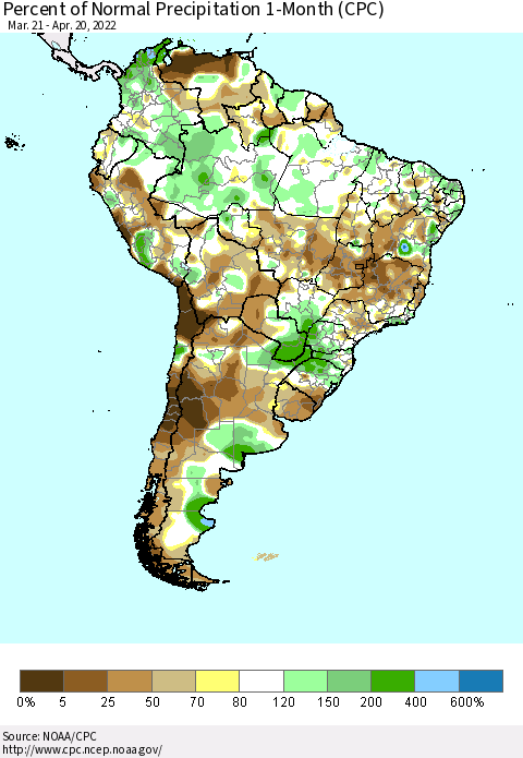 South America Percent of Normal Precipitation 1-Month (CPC) Thematic Map For 3/21/2022 - 4/20/2022