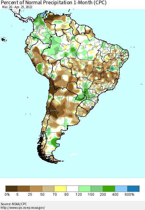 South America Percent of Normal Precipitation 1-Month (CPC) Thematic Map For 3/26/2022 - 4/25/2022