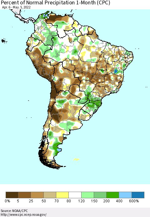 South America Percent of Normal Precipitation 1-Month (CPC) Thematic Map For 4/6/2022 - 5/5/2022