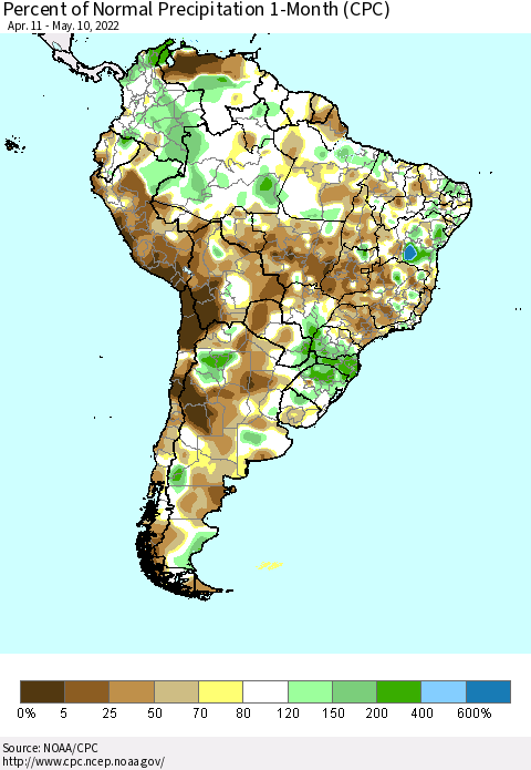 South America Percent of Normal Precipitation 1-Month (CPC) Thematic Map For 4/11/2022 - 5/10/2022