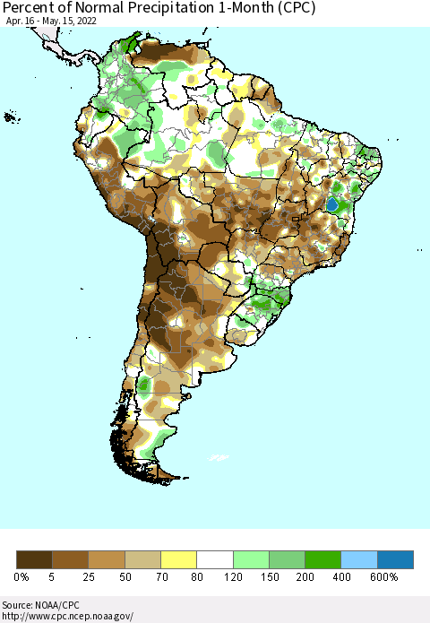 South America Percent of Normal Precipitation 1-Month (CPC) Thematic Map For 4/16/2022 - 5/15/2022