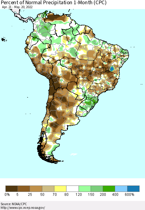 South America Percent of Normal Precipitation 1-Month (CPC) Thematic Map For 4/21/2022 - 5/20/2022