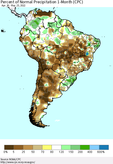 South America Percent of Normal Precipitation 1-Month (CPC) Thematic Map For 4/26/2022 - 5/25/2022