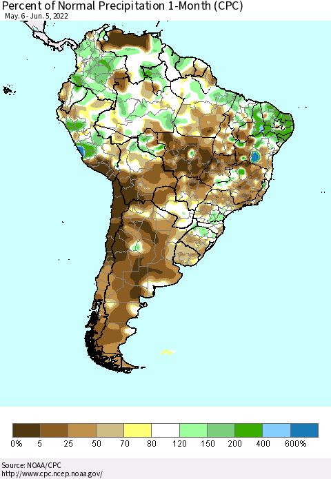 South America Percent of Normal Precipitation 1-Month (CPC) Thematic Map For 5/6/2022 - 6/5/2022