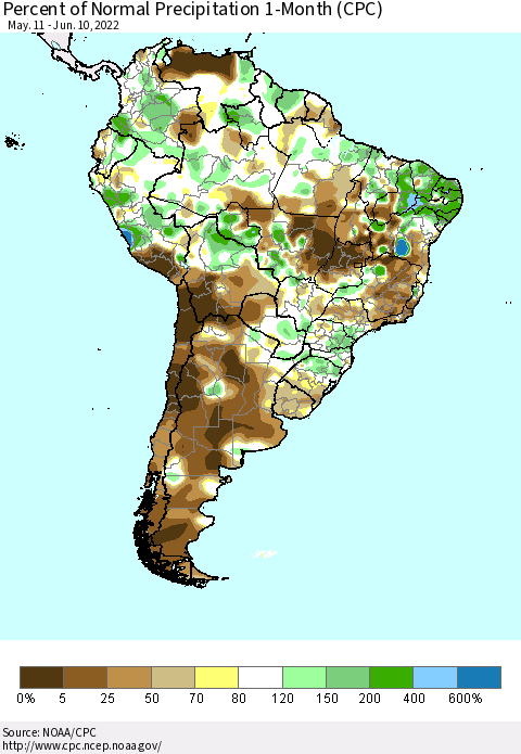 South America Percent of Normal Precipitation 1-Month (CPC) Thematic Map For 5/11/2022 - 6/10/2022