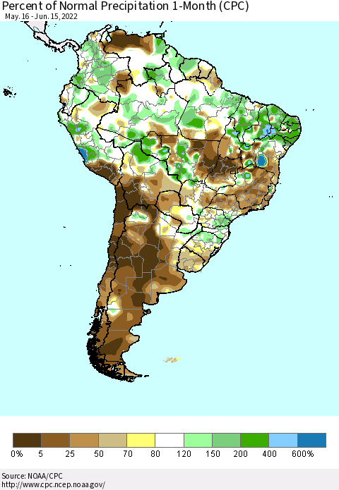South America Percent of Normal Precipitation 1-Month (CPC) Thematic Map For 5/16/2022 - 6/15/2022