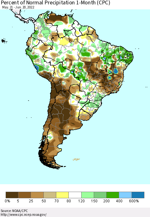 South America Percent of Normal Precipitation 1-Month (CPC) Thematic Map For 5/21/2022 - 6/20/2022