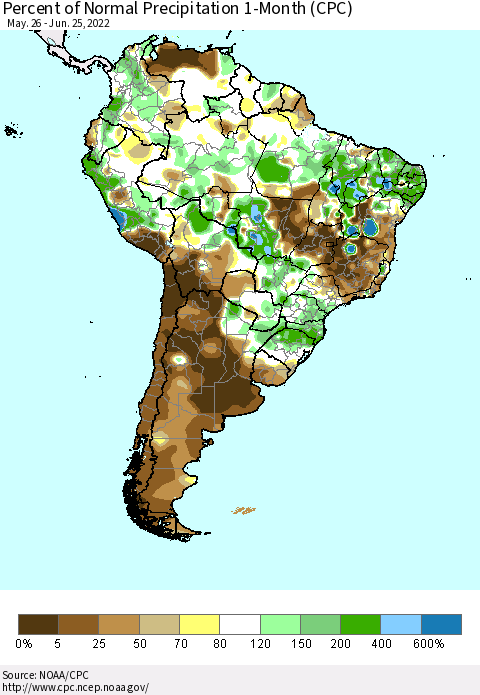 South America Percent of Normal Precipitation 1-Month (CPC) Thematic Map For 5/26/2022 - 6/25/2022