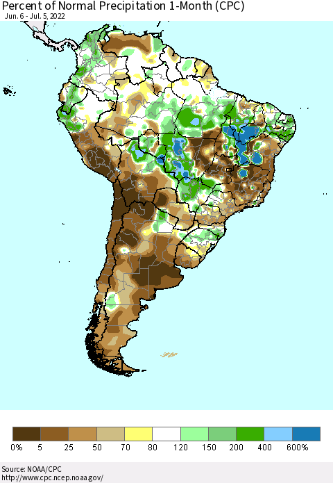 South America Percent of Normal Precipitation 1-Month (CPC) Thematic Map For 6/6/2022 - 7/5/2022