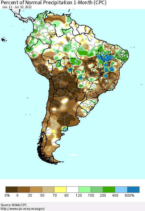 South America Percent of Normal Precipitation 1-Month (CPC) Thematic Map For 6/11/2022 - 7/10/2022