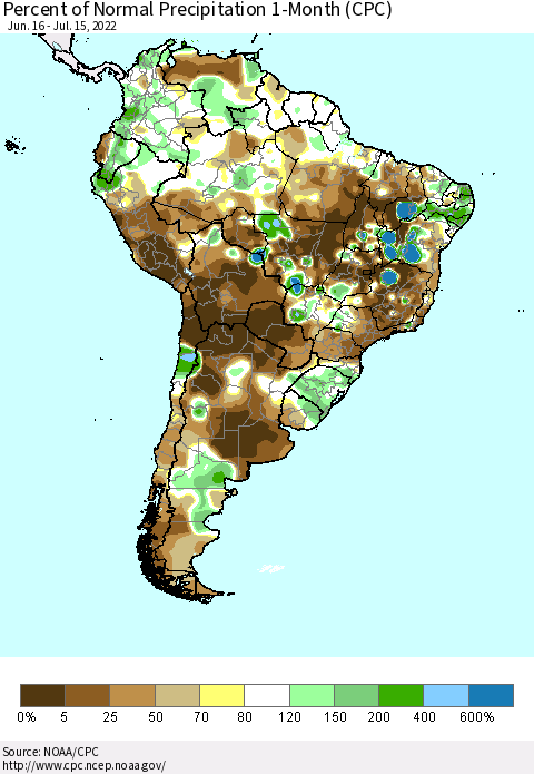 South America Percent of Normal Precipitation 1-Month (CPC) Thematic Map For 6/16/2022 - 7/15/2022