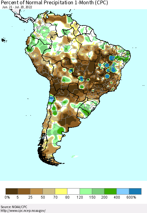 South America Percent of Normal Precipitation 1-Month (CPC) Thematic Map For 6/21/2022 - 7/20/2022