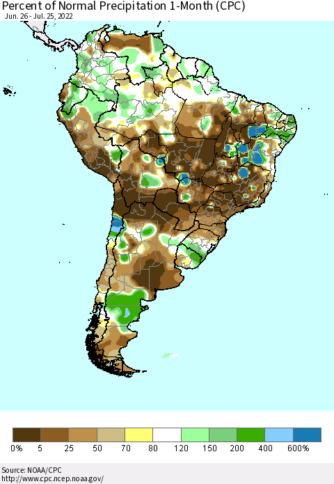 South America Percent of Normal Precipitation 1-Month (CPC) Thematic Map For 6/26/2022 - 7/25/2022