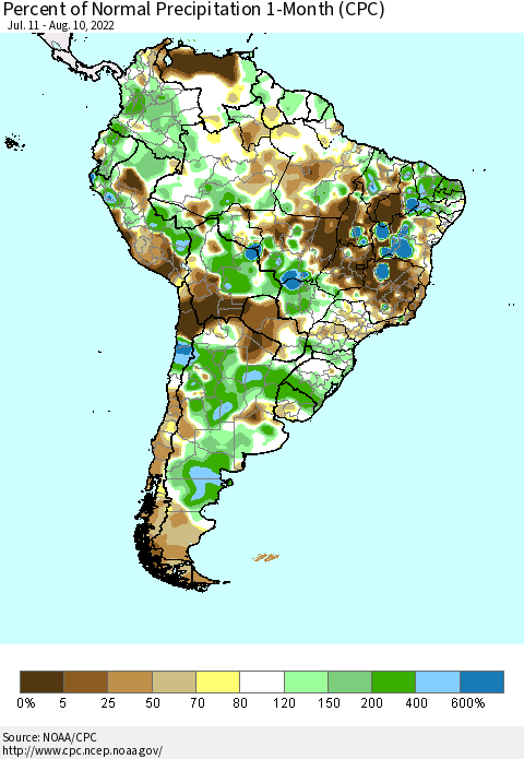 South America Percent of Normal Precipitation 1-Month (CPC) Thematic Map For 7/11/2022 - 8/10/2022