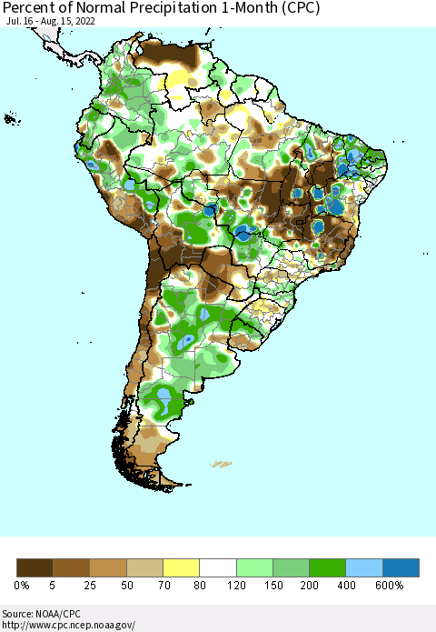 South America Percent of Normal Precipitation 1-Month (CPC) Thematic Map For 7/16/2022 - 8/15/2022