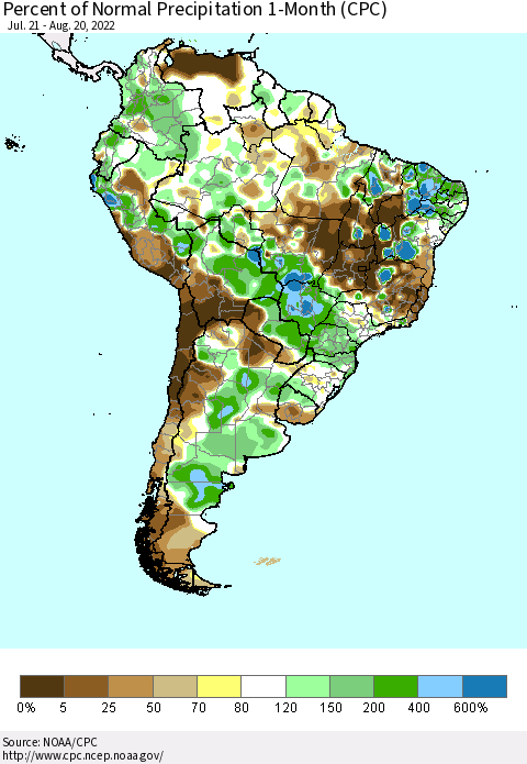 South America Percent of Normal Precipitation 1-Month (CPC) Thematic Map For 7/21/2022 - 8/20/2022