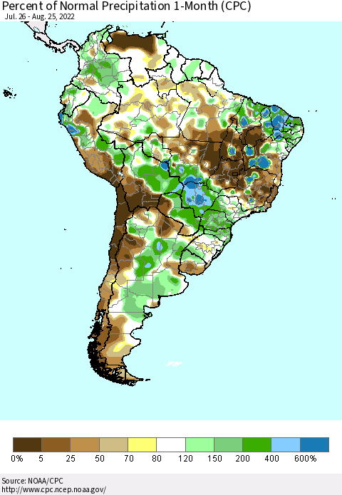 South America Percent of Normal Precipitation 1-Month (CPC) Thematic Map For 7/26/2022 - 8/25/2022
