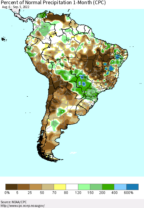 South America Percent of Normal Precipitation 1-Month (CPC) Thematic Map For 8/6/2022 - 9/5/2022