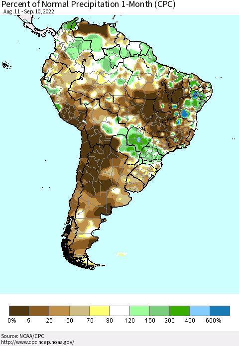 South America Percent of Normal Precipitation 1-Month (CPC) Thematic Map For 8/11/2022 - 9/10/2022