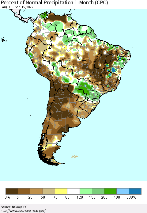 South America Percent of Normal Precipitation 1-Month (CPC) Thematic Map For 8/16/2022 - 9/15/2022