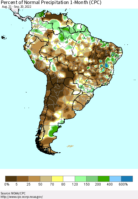 South America Percent of Normal Precipitation 1-Month (CPC) Thematic Map For 8/21/2022 - 9/20/2022