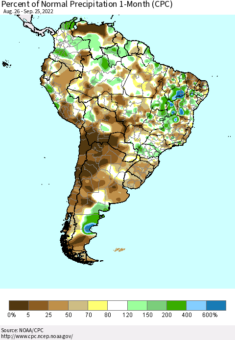 South America Percent of Normal Precipitation 1-Month (CPC) Thematic Map For 8/26/2022 - 9/25/2022