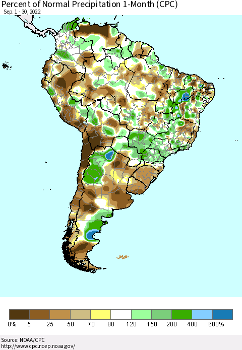 South America Percent of Normal Precipitation 1-Month (CPC) Thematic Map For 9/1/2022 - 9/30/2022