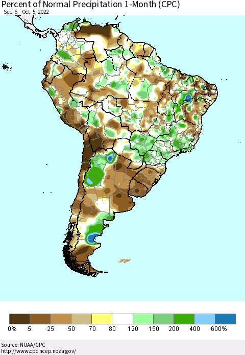 South America Percent of Normal Precipitation 1-Month (CPC) Thematic Map For 9/6/2022 - 10/5/2022
