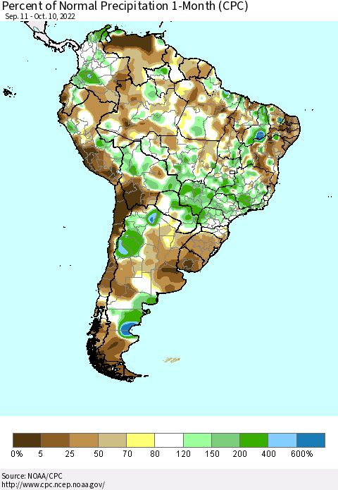 South America Percent of Normal Precipitation 1-Month (CPC) Thematic Map For 9/11/2022 - 10/10/2022