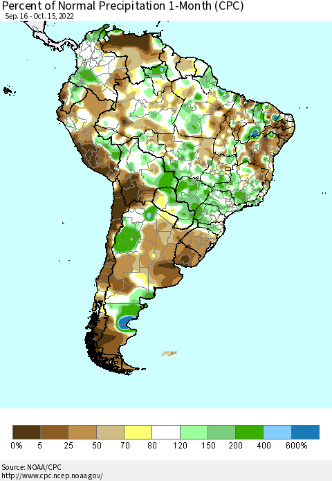 South America Percent of Normal Precipitation 1-Month (CPC) Thematic Map For 9/16/2022 - 10/15/2022