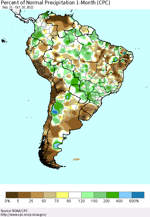 South America Percent of Normal Precipitation 1-Month (CPC) Thematic Map For 9/21/2022 - 10/20/2022