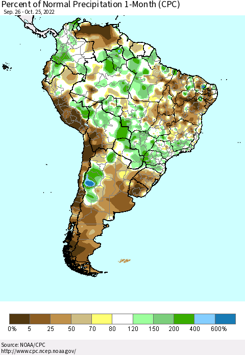 South America Percent of Normal Precipitation 1-Month (CPC) Thematic Map For 9/26/2022 - 10/25/2022