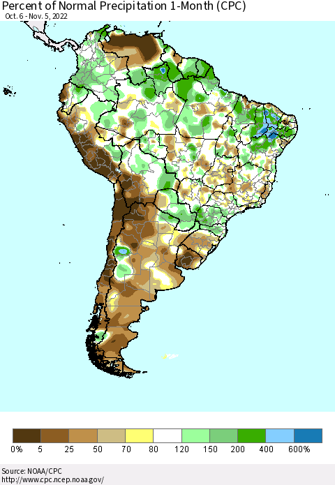 South America Percent of Normal Precipitation 1-Month (CPC) Thematic Map For 10/6/2022 - 11/5/2022