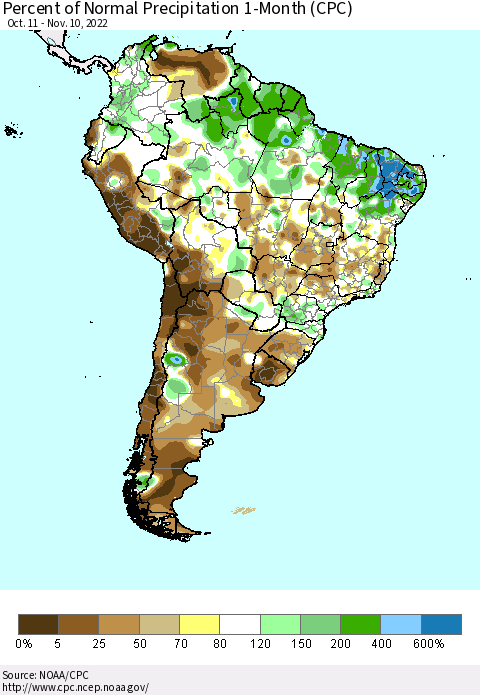 South America Percent of Normal Precipitation 1-Month (CPC) Thematic Map For 10/11/2022 - 11/10/2022