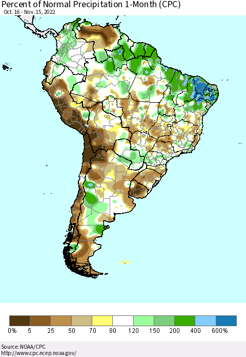 South America Percent of Normal Precipitation 1-Month (CPC) Thematic Map For 10/16/2022 - 11/15/2022