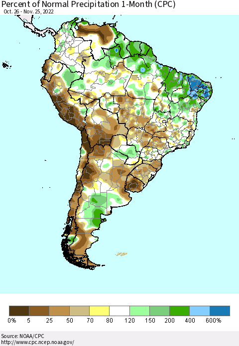 South America Percent of Normal Precipitation 1-Month (CPC) Thematic Map For 10/26/2022 - 11/25/2022