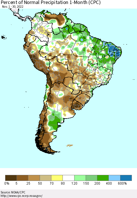 South America Percent of Normal Precipitation 1-Month (CPC) Thematic Map For 11/1/2022 - 11/30/2022