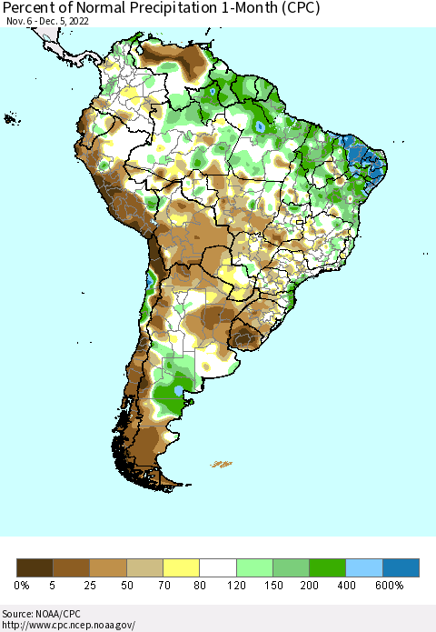 South America Percent of Normal Precipitation 1-Month (CPC) Thematic Map For 11/6/2022 - 12/5/2022