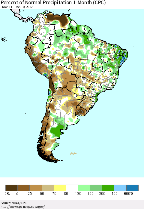 South America Percent of Normal Precipitation 1-Month (CPC) Thematic Map For 11/11/2022 - 12/10/2022