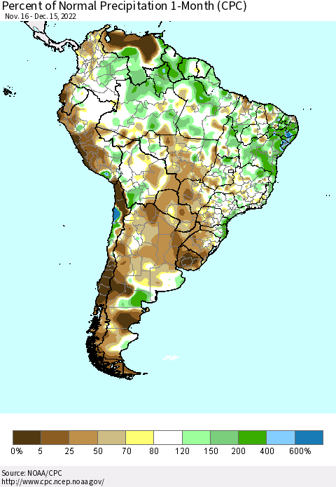 South America Percent of Normal Precipitation 1-Month (CPC) Thematic Map For 11/16/2022 - 12/15/2022