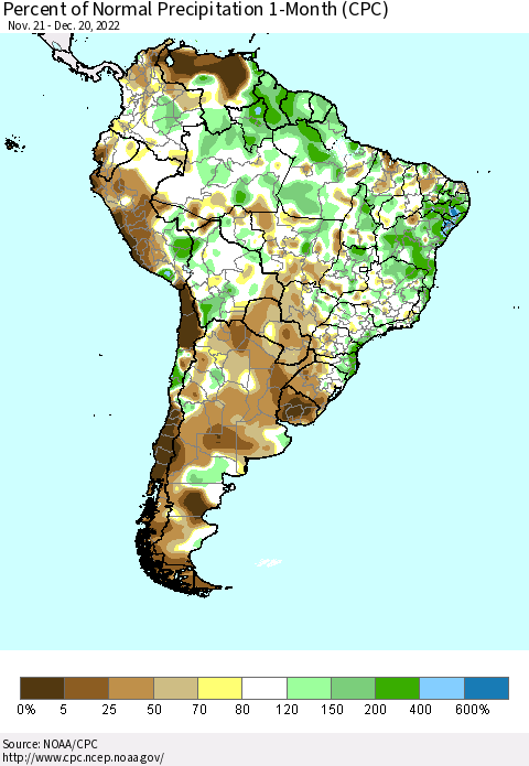 South America Percent of Normal Precipitation 1-Month (CPC) Thematic Map For 11/21/2022 - 12/20/2022