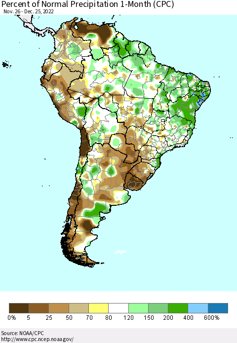 South America Percent of Normal Precipitation 1-Month (CPC) Thematic Map For 11/26/2022 - 12/25/2022