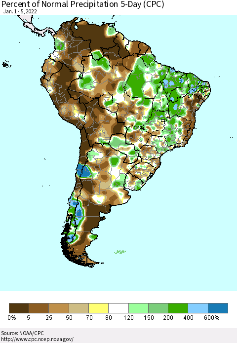 South America Percent of Normal Precipitation 5-Day (CPC) Thematic Map For 1/1/2022 - 1/5/2022