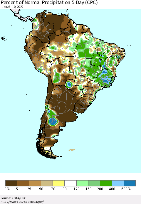 South America Percent of Normal Precipitation 5-Day (CPC) Thematic Map For 1/6/2022 - 1/10/2022