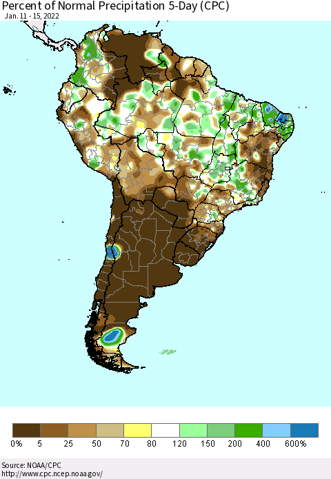 South America Percent of Normal Precipitation 5-Day (CPC) Thematic Map For 1/11/2022 - 1/15/2022