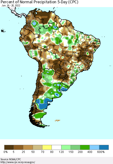 South America Percent of Normal Precipitation 5-Day (CPC) Thematic Map For 1/16/2022 - 1/20/2022