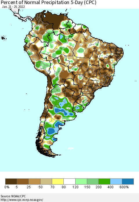 South America Percent of Normal Precipitation 5-Day (CPC) Thematic Map For 1/21/2022 - 1/25/2022