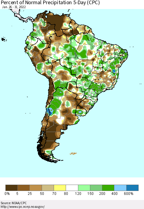South America Percent of Normal Precipitation 5-Day (CPC) Thematic Map For 1/26/2022 - 1/31/2022